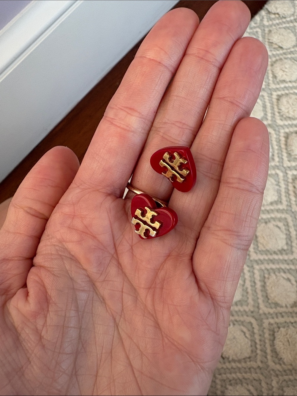 Tory Burch Red Heart Earrings with Gold Logo